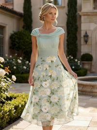 Floral Print A-Line/Princess Cowl Neck Tea-Length Mother of the Bride & Groom Dresses with Ruched Waist