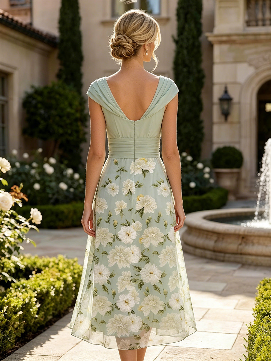 Floral Print A-Line/Princess Cowl Neck Tea-Length Mother of the Bride & Groom Dresses with Ruched Waist