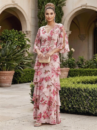 Floral Print A-Line/Princess V-Neck Floor-Length Mother of the Bride & Groom Dresses with Tiered Layers & Ruched Waist