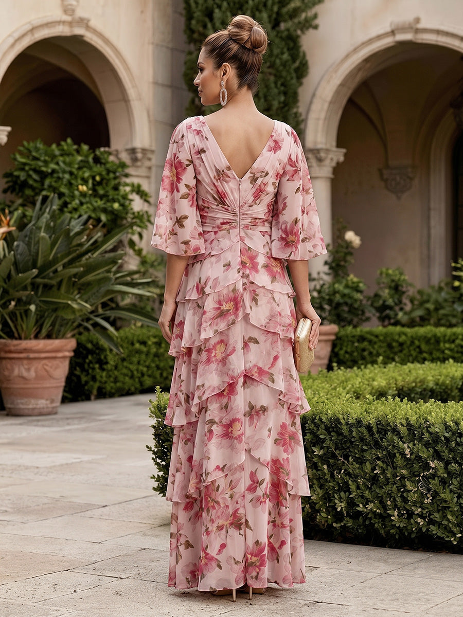 Floral Print A-Line/Princess V-Neck Floor-Length Mother of the Bride & Groom Dresses with Tiered Layers & Ruched Waist