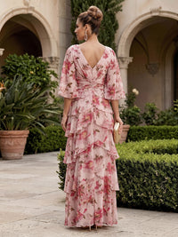 Floral Print A-Line/Princess V-Neck Floor-Length Mother of the Bride & Groom Dresses with Tiered Layers & Ruched Waist