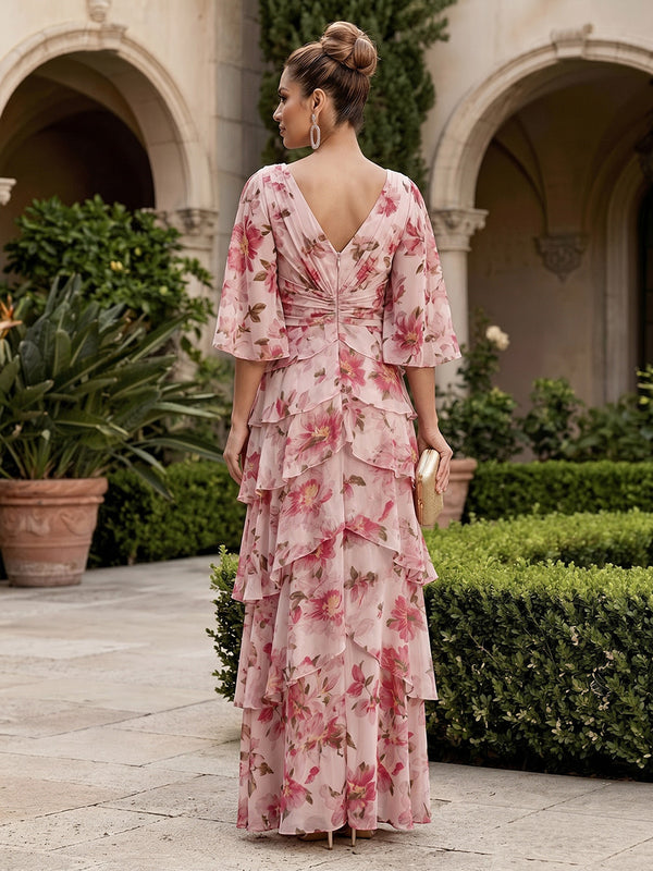 Floral Print A-Line/Princess V-Neck Floor-Length Mother of the Bride & Groom Dresses with Tiered Layers & Ruched Waist