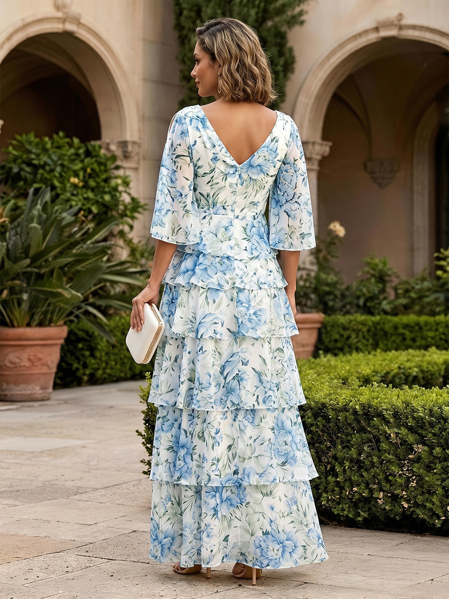 Floral Print A-Line/Princess V-Neck Floor-Length Mother of the Bride & Groom Dresses with Tiered Layers & Ruffles