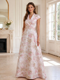 Jacquard A-Line/Princess V-Neck Floor-Length Mother of the Bride & Groom Dresses with Ruched Waist & Pockets