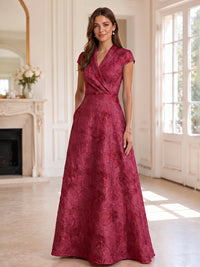 Jacquard A-Line/Princess V-Neck Floor-Length Mother of the Bride & Groom Dresses with Ruched Waist & Pockets