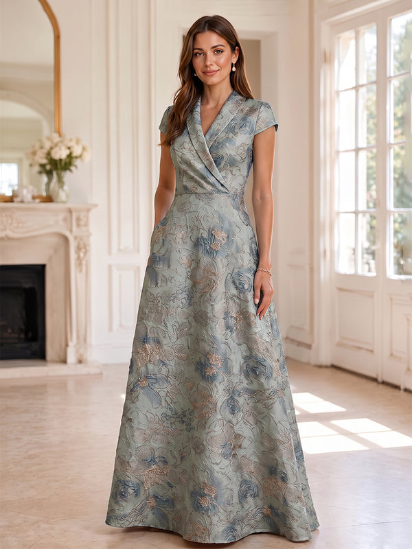 Jacquard A-Line/Princess V-Neck Floor-Length Mother of the Bride & Groom Dresses with Ruched Waist & Pockets