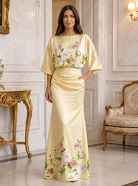 Floral Print Sheath/Column V-Neck Floor-Length Mother of the Bride & Groom Dresses with Ruched Waist & Pockets