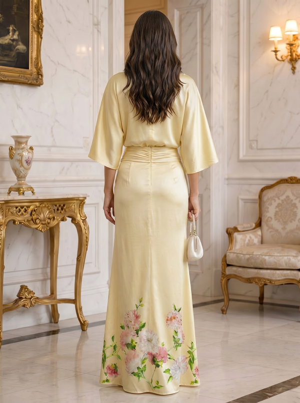 Floral Print Sheath/Column V-Neck Floor-Length Mother of the Bride & Groom Dresses with Ruched Waist & Pockets
