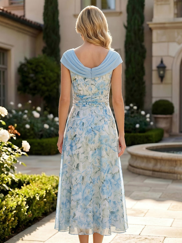 Floral Print A-Line/Princess Cowl Neck Tea-Length Mother of the Bride & Groom Dresses with Ruched Waist