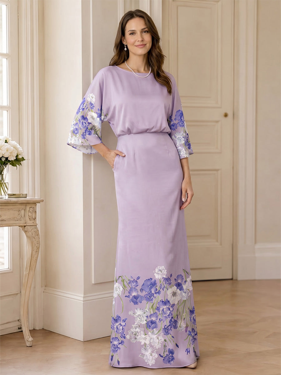 Floral Print Sheath/Column Scoop Neck Floor-Length Mother of the Bride & Groom Dresses with Pockets