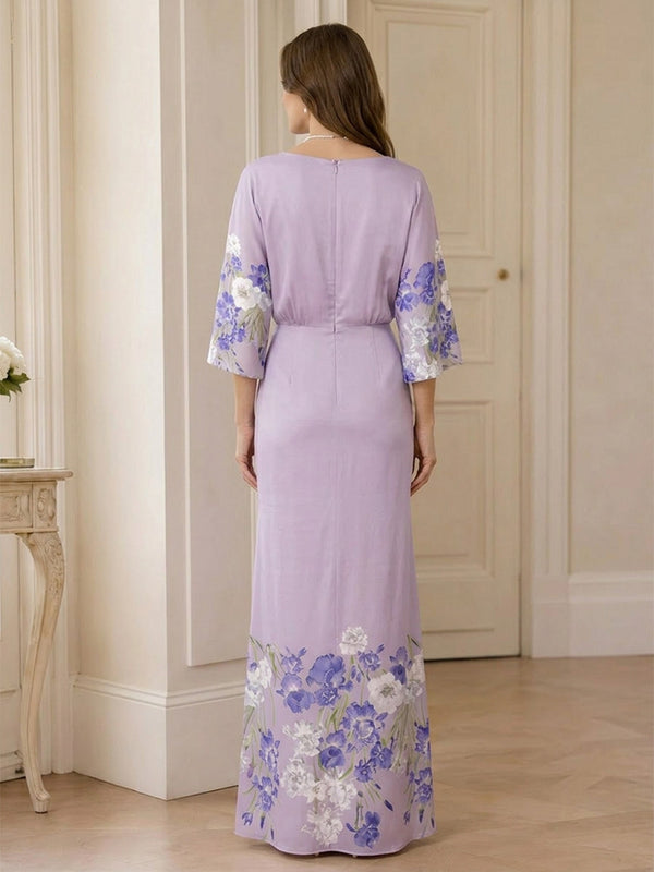 Floral Print Sheath/Column Scoop Neck Floor-Length Mother of the Bride & Groom Dresses with Pockets