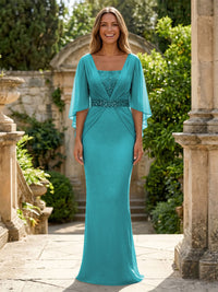 Chiffon Sheath/Column Square Neck Floor-Length Mother of the Bride & Groom Dresses with Ruched Waist & Cape Sleeves