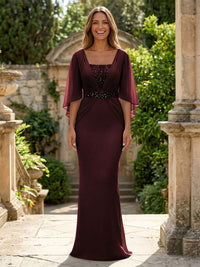 Chiffon Sheath/Column Square Neck Floor-Length Mother of the Bride & Groom Dresses with Ruched Waist & Cape Sleeves