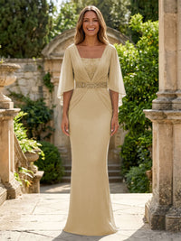 Chiffon Sheath/Column Square Neck Floor-Length Mother of the Bride & Groom Dresses with Ruched Waist & Cape Sleeves