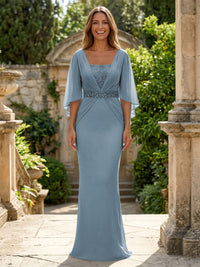 Chiffon Sheath/Column Square Neck Floor-Length Mother of the Bride & Groom Dresses with Ruched Waist & Cape Sleeves