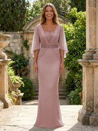 Chiffon Sheath/Column Square Neck Floor-Length Mother of the Bride & Groom Dresses with Ruched Waist & Cape Sleeves