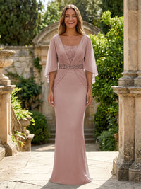 Chiffon Sheath/Column Square Neck Floor-Length Mother of the Bride & Groom Dresses with Ruched Waist & Cape Sleeves