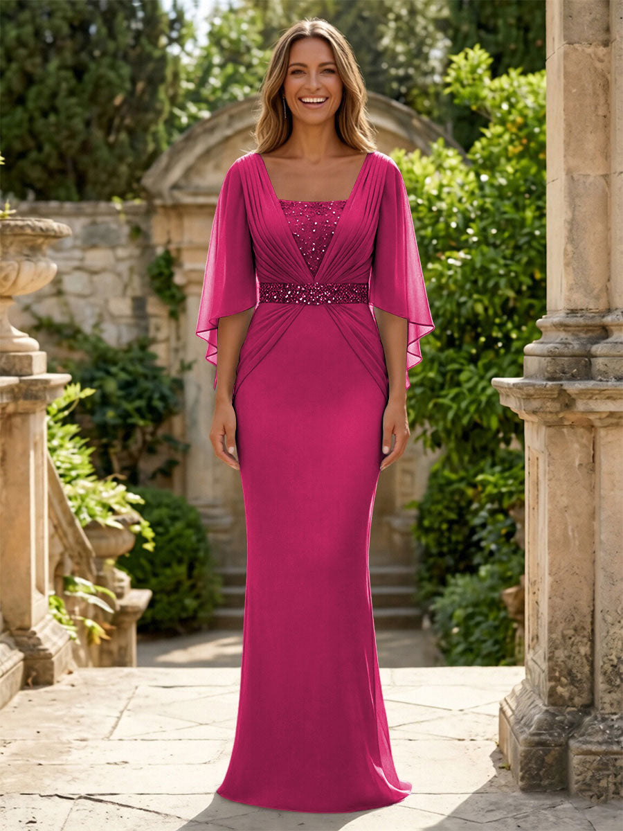 Chiffon Sheath/Column Square Neck Floor-Length Mother of the Bride & Groom Dresses with Ruched Waist & Cape Sleeves