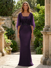 Chiffon Sheath/Column Square Neck Floor-Length Mother of the Bride & Groom Dresses with Ruched Waist & Cape Sleeves