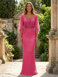 Chiffon Sheath/Column Square Neck Floor-Length Mother of the Bride & Groom Dresses with Ruched Waist & Cape Sleeves