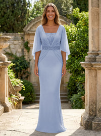 Chiffon Sheath/Column Square Neck Floor-Length Mother of the Bride & Groom Dresses with Ruched Waist & Cape Sleeves