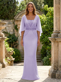 Chiffon Sheath/Column Square Neck Floor-Length Mother of the Bride & Groom Dresses with Ruched Waist & Cape Sleeves