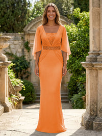 Chiffon Sheath/Column Square Neck Floor-Length Mother of the Bride & Groom Dresses with Ruched Waist & Cape Sleeves