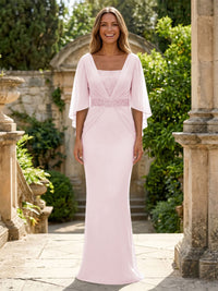 Chiffon Sheath/Column Square Neck Floor-Length Mother of the Bride & Groom Dresses with Ruched Waist & Cape Sleeves