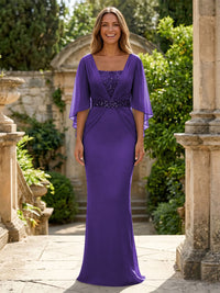 Chiffon Sheath/Column Square Neck Floor-Length Mother of the Bride & Groom Dresses with Ruched Waist & Cape Sleeves