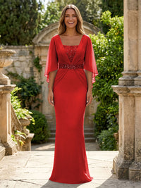 Chiffon Sheath/Column Square Neck Floor-Length Mother of the Bride & Groom Dresses with Ruched Waist & Cape Sleeves