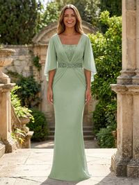 Chiffon Sheath/Column Square Neck Floor-Length Mother of the Bride & Groom Dresses with Ruched Waist & Cape Sleeves