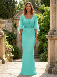 Chiffon Sheath/Column Square Neck Floor-Length Mother of the Bride & Groom Dresses with Ruched Waist & Cape Sleeves