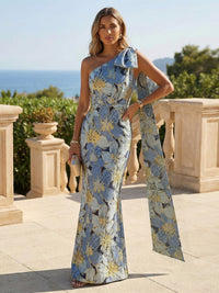 Jacquard Sheath/Column One Shoulder Floor-Length Mother of the Bride & Groom Dresses with Side Draped Sash