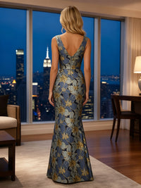Jacquard Sheath/Column V-Neck Floor-Length Mother of the Bride & Groom Dresses with Ruffles