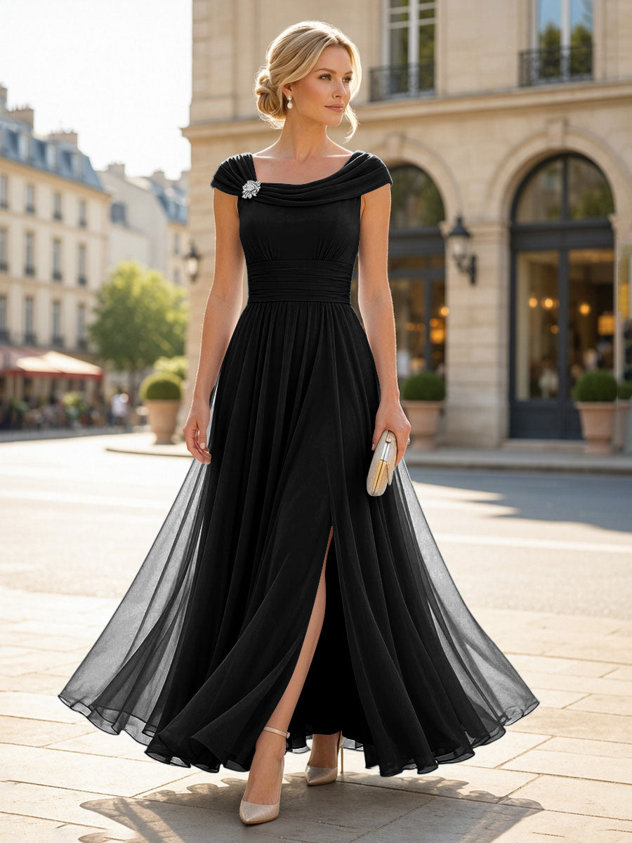 Chiffon A-Line/Princess Cowl Neck Floor-Length Mother of the Bride & Groom Dresses with Pleats & Slit