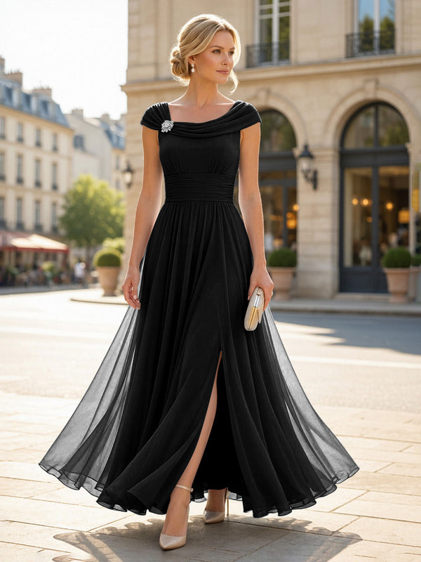 Chiffon A-Line/Princess Cowl Neck Floor-Length Mother of the Bride & Groom Dresses with Pleats & Slit