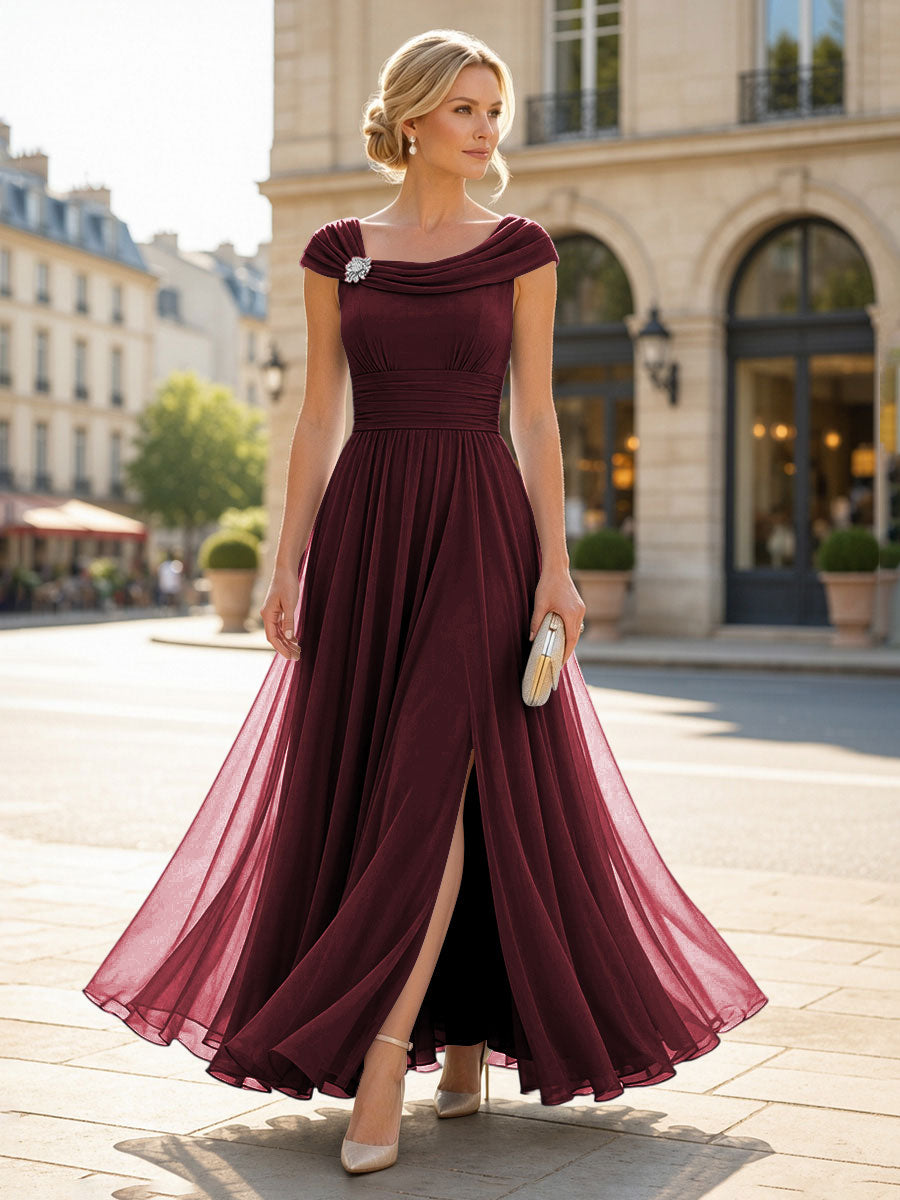 Chiffon A-Line/Princess Cowl Neck Floor-Length Mother of the Bride & Groom Dresses with Pleats & Slit