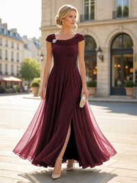 Chiffon A-Line/Princess Cowl Neck Floor-Length Mother of the Bride & Groom Dresses with Pleats & Slit