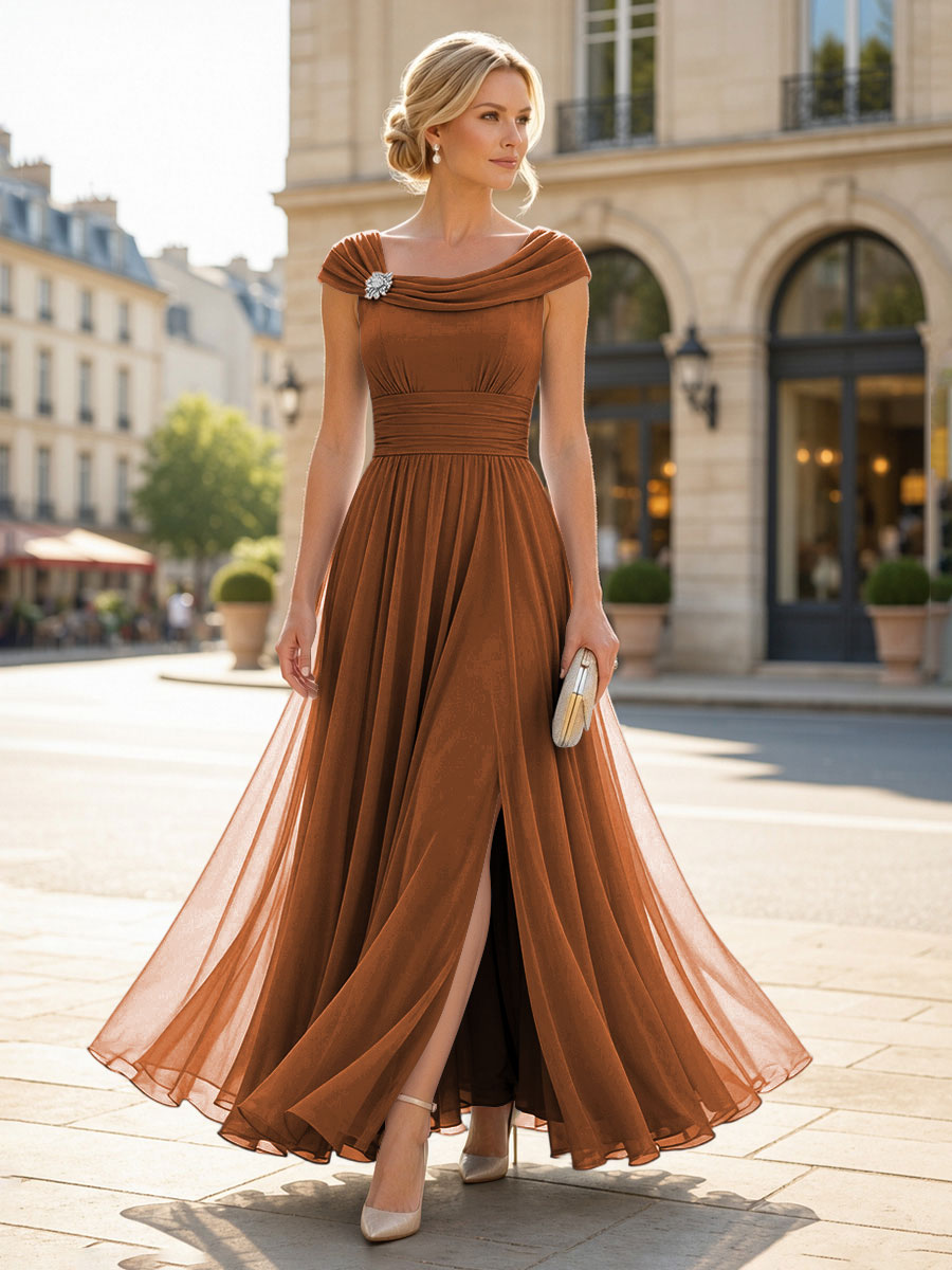 Chiffon A-Line/Princess Cowl Neck Floor-Length Mother of the Bride & Groom Dresses with Pleats & Slit