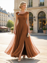 Chiffon A-Line/Princess Cowl Neck Floor-Length Mother of the Bride & Groom Dresses with Pleats & Slit