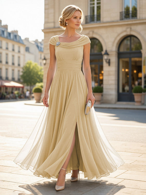 Chiffon A-Line/Princess Cowl Neck Floor-Length Mother of the Bride & Groom Dresses with Pleats & Slit
