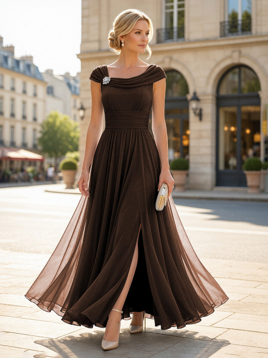 Chiffon A-Line/Princess Cowl Neck Floor-Length Mother of the Bride & Groom Dresses with Pleats & Slit