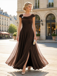 Chiffon A-Line/Princess Cowl Neck Floor-Length Mother of the Bride & Groom Dresses with Pleats & Slit