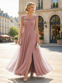 Chiffon A-Line/Princess Cowl Neck Floor-Length Mother of the Bride & Groom Dresses with Pleats & Slit
