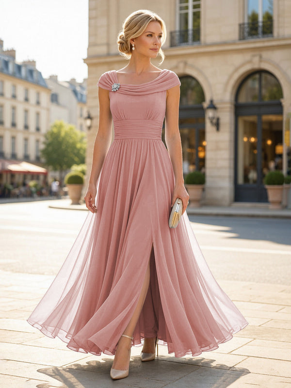 Chiffon A-Line/Princess Cowl Neck Floor-Length Mother of the Bride & Groom Dresses with Pleats & Slit