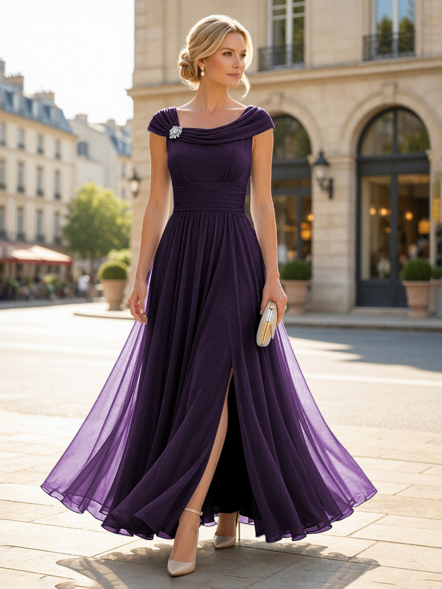 Chiffon A-Line/Princess Cowl Neck Floor-Length Mother of the Bride & Groom Dresses with Pleats & Slit