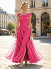 Chiffon A-Line/Princess Cowl Neck Floor-Length Mother of the Bride & Groom Dresses with Pleats & Slit