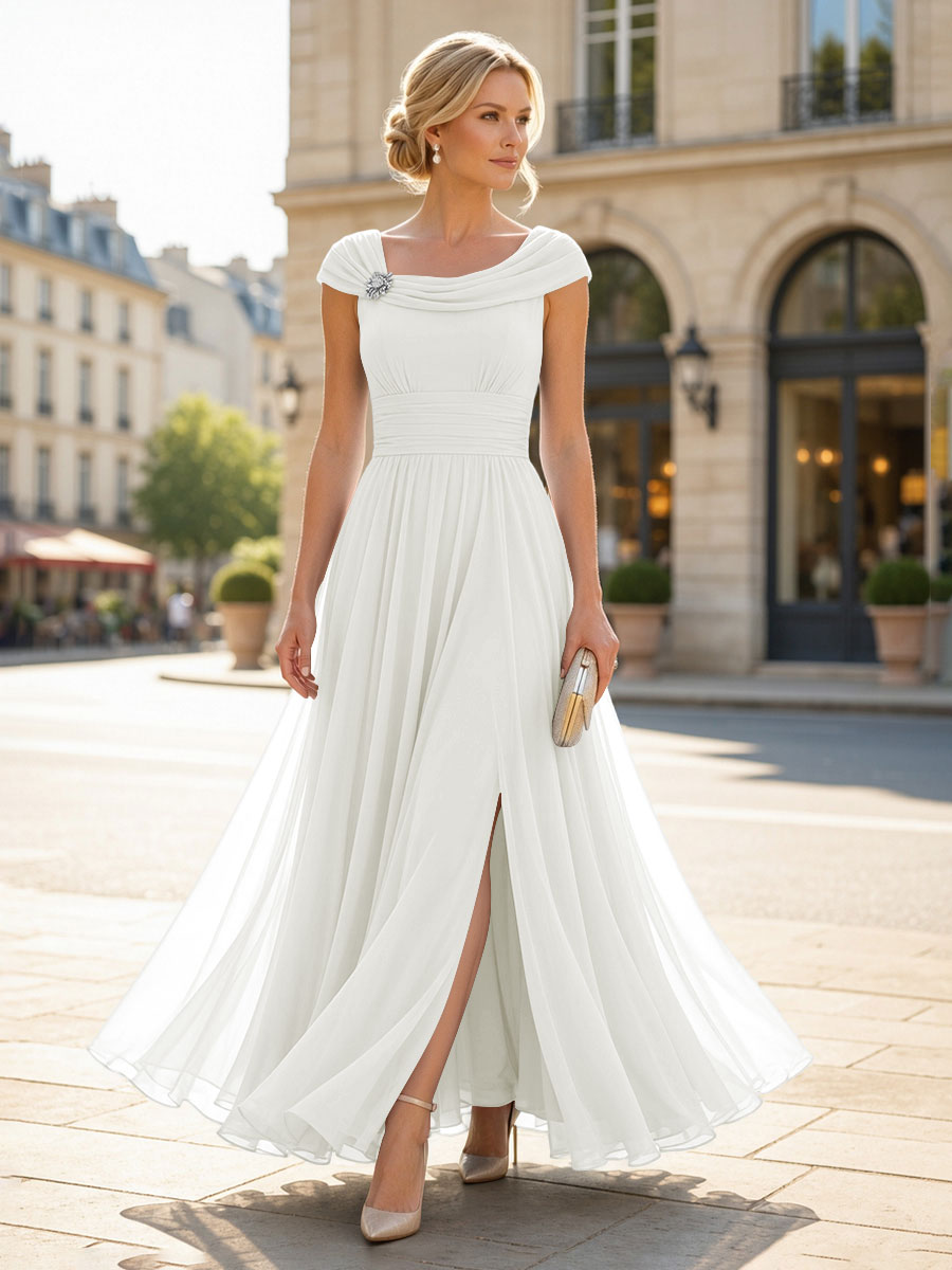 Chiffon A-Line/Princess Cowl Neck Floor-Length Mother of the Bride & Groom Dresses with Pleats & Slit