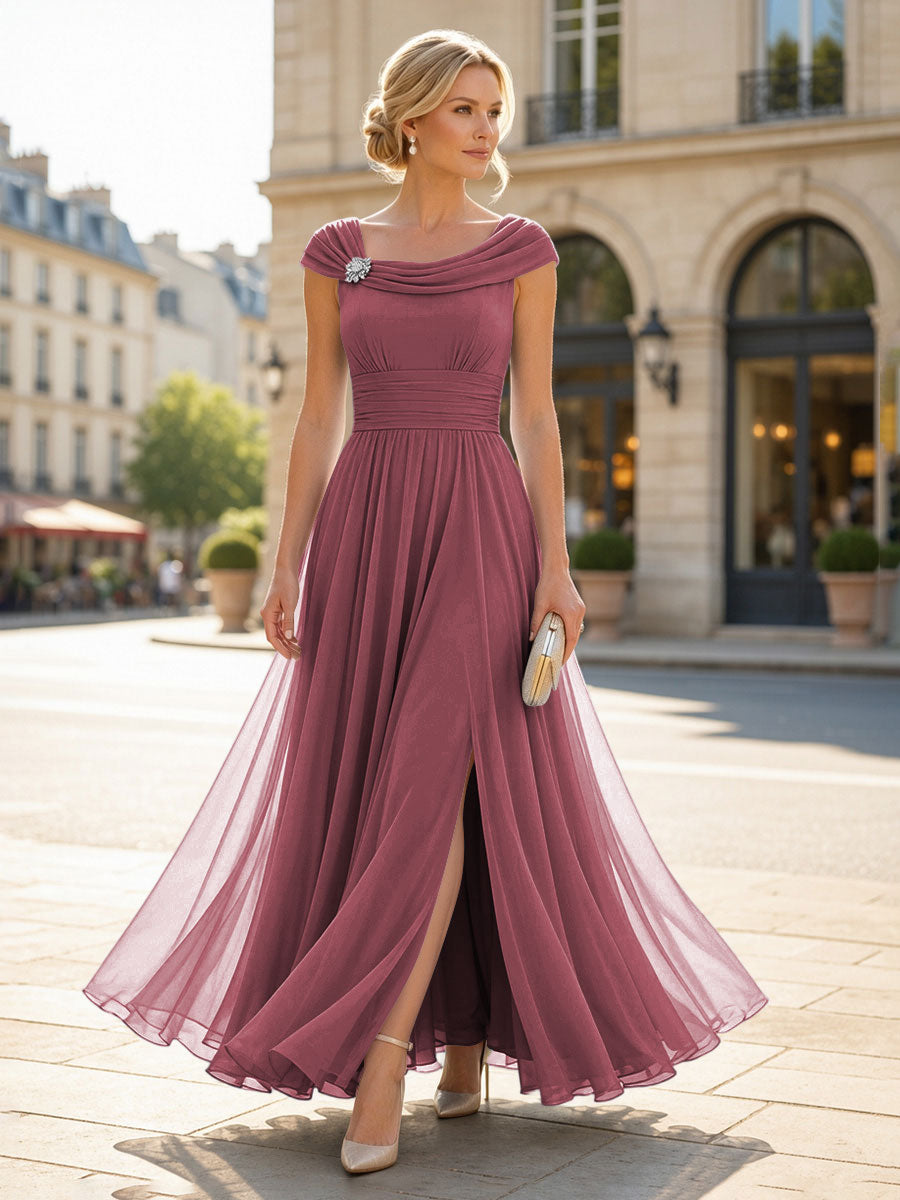 Chiffon A-Line/Princess Cowl Neck Floor-Length Mother of the Bride & Groom Dresses with Pleats & Slit