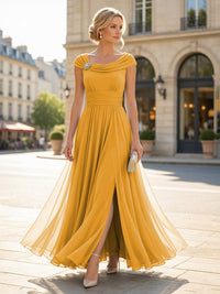Chiffon A-Line/Princess Cowl Neck Floor-Length Mother of the Bride & Groom Dresses with Pleats & Slit